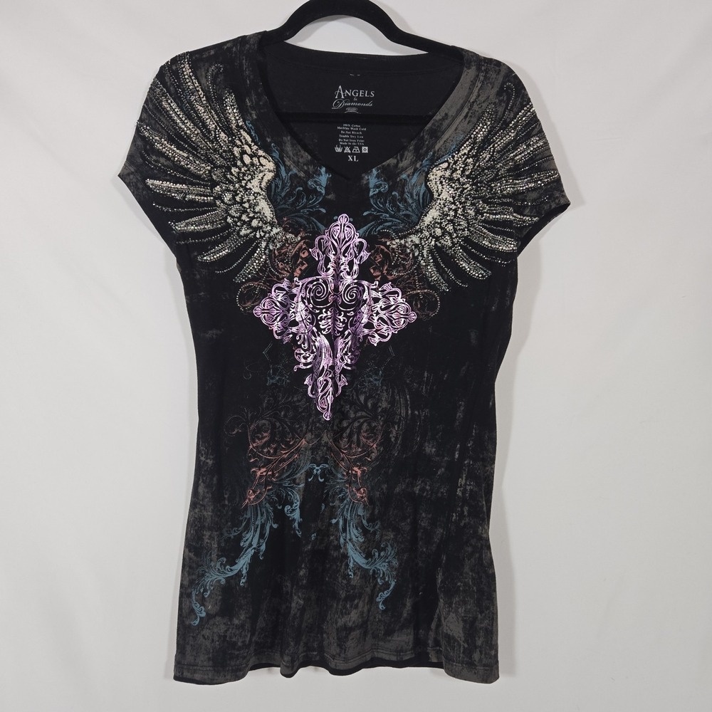Angels And Diamonds Y2K V-Neck Tshirt | 100% Cotton | Size Women's X-Large